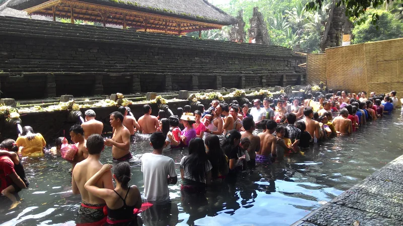 Pilgrims stand in line in the sacred pool for a purification ritual at Tirta Empul temple in Bali.