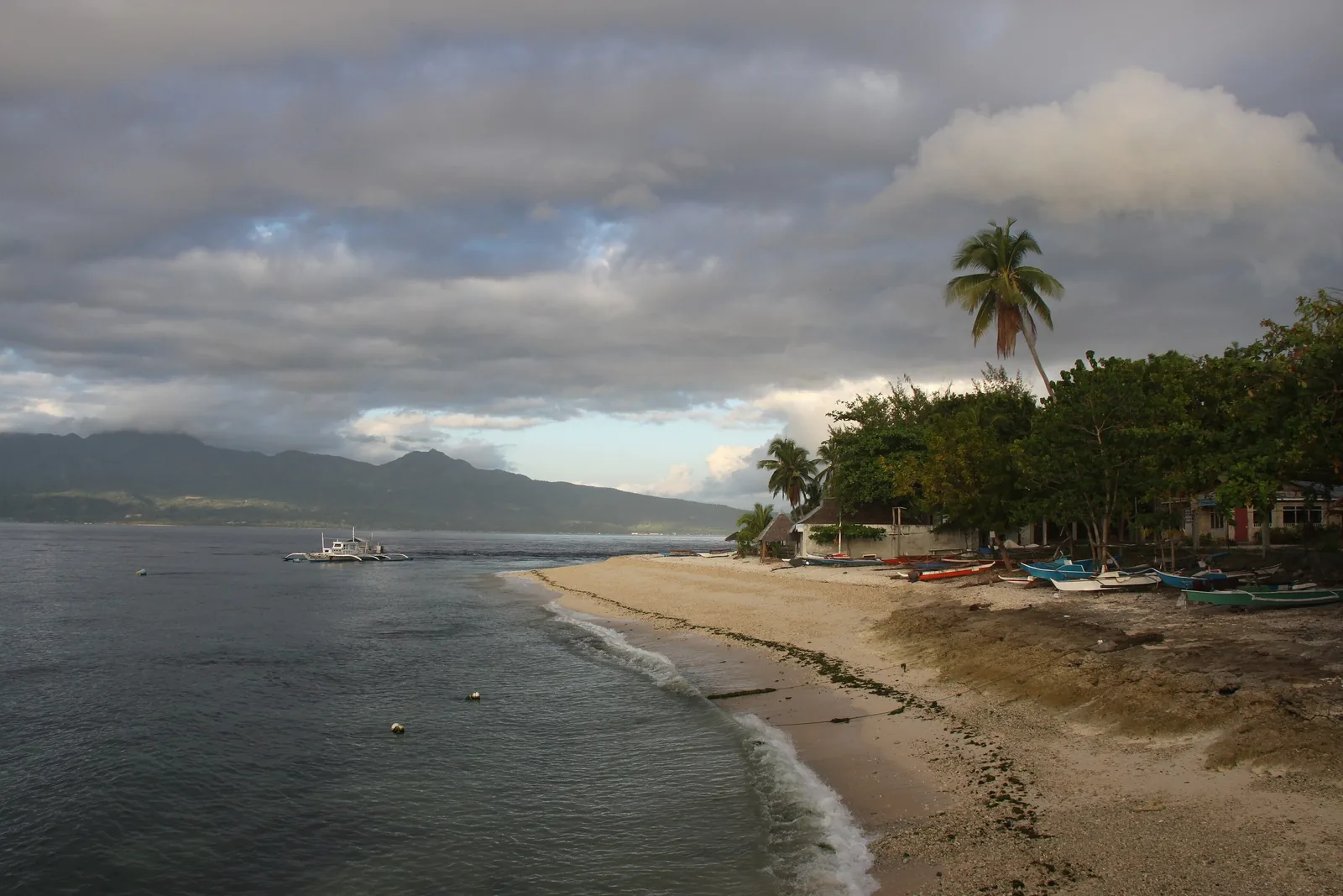 A quiet sandy beach with outrigger boats and palm trees at sunrise, Santander, Cebu.