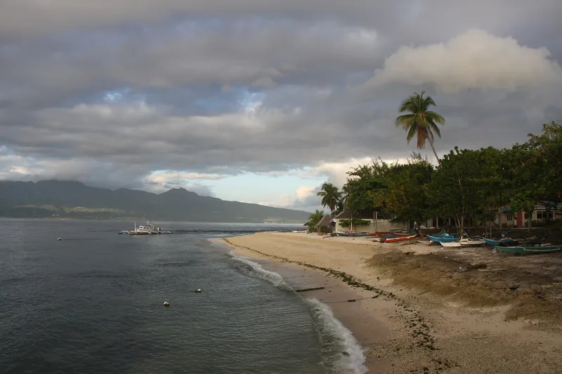 A quiet sandy beach with outrigger boats and palm trees at sunrise, Santander, Cebu.