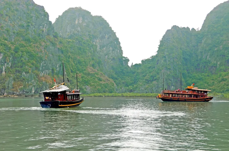 Two traditional wooden junk boats cruise past limestone karsts in Ha Long Bay.