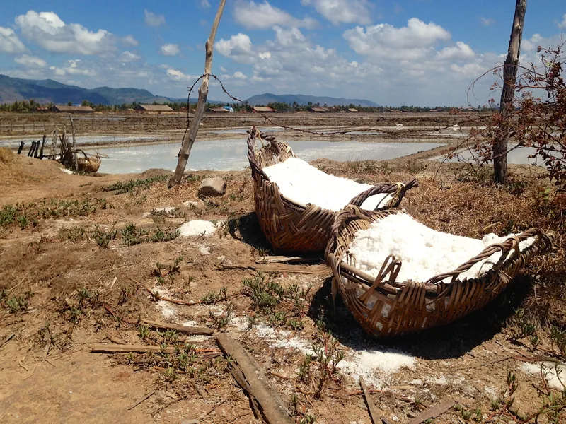 Woven baskets filled with harvested sea salt sit beside salt fields near Kampot, Cambodia.
