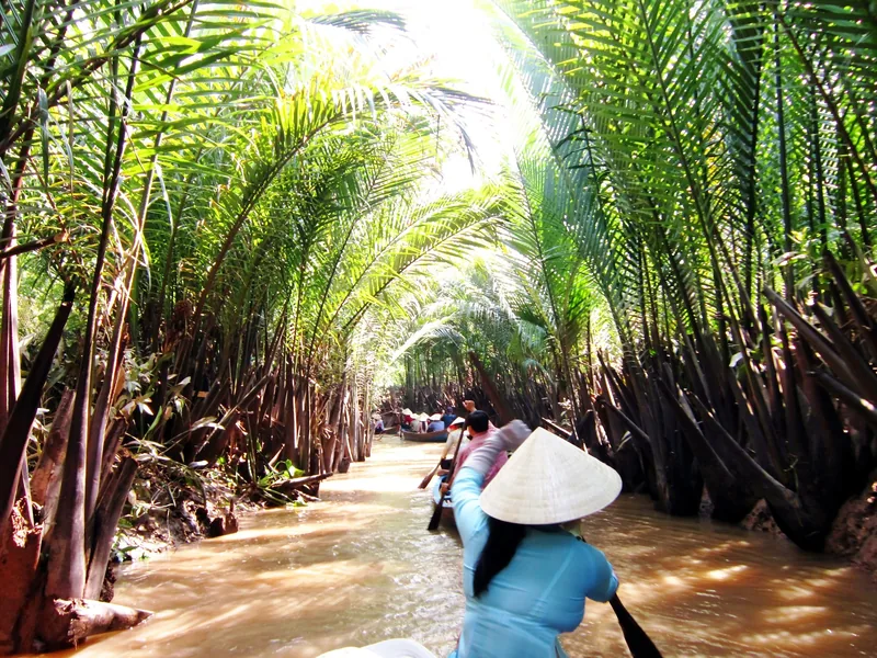A rower in a conical hat paddles a boat along a narrow water coconut palm-lined canal in the Mekong Delta.