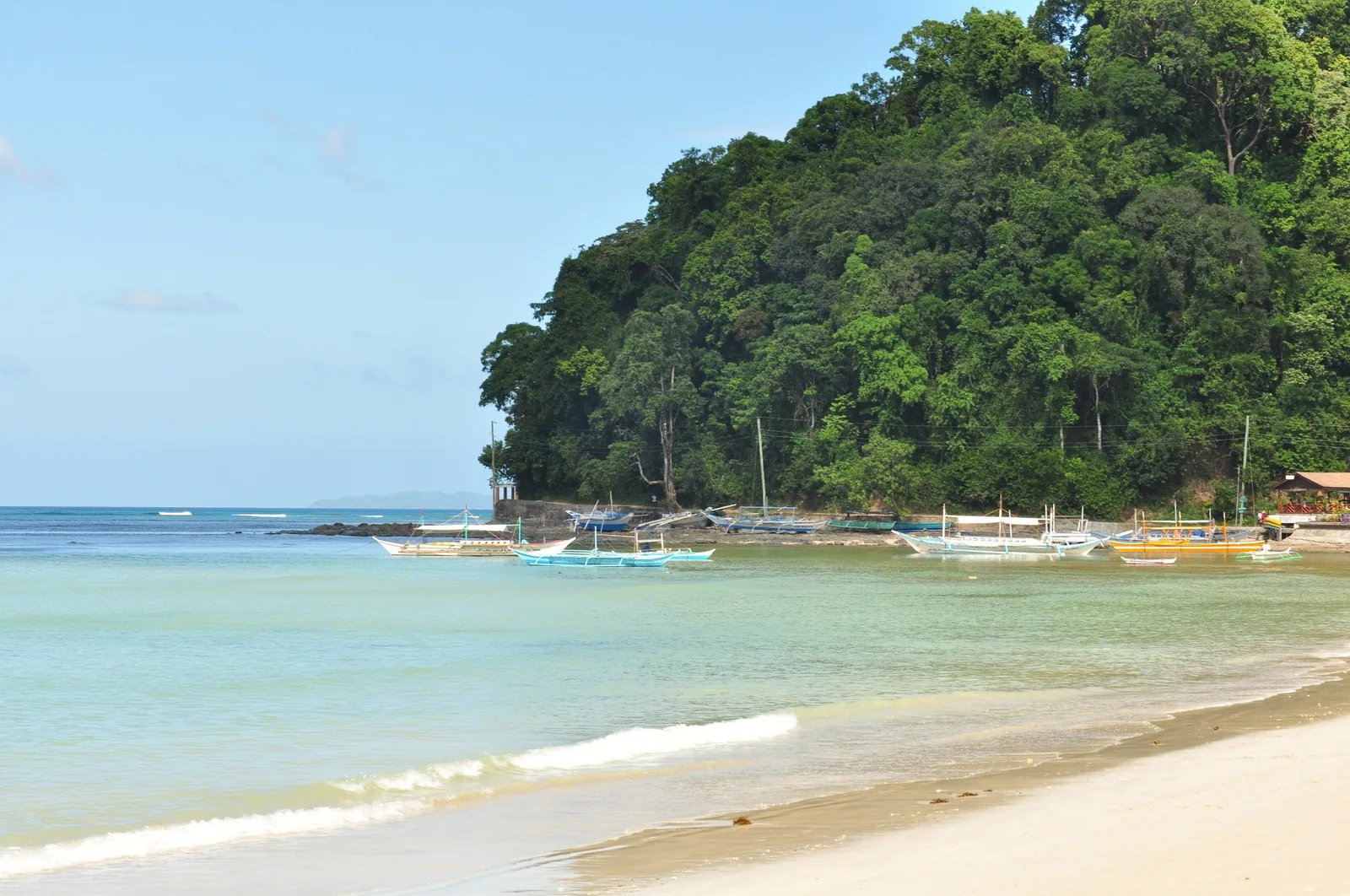 Outrigger boats float in turquoise water along a forested shoreline in El Nido, Palawan.