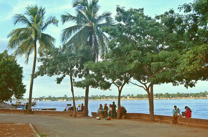Palm trees line a riverside promenade in Phnom Penh as locals gather along the Mekong bank.
