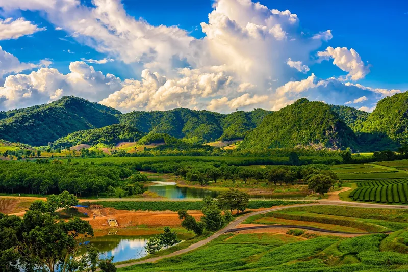 Rolling green hills and farmland surround a small lake under a dramatic sky in Chiang Rai.